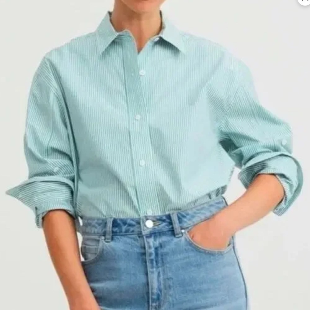 Everlane silky cotton mint stripe button down shirt. Women’s size 6. ❗️NEW❗️